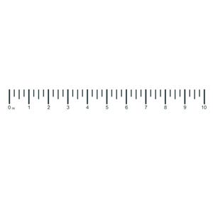 Op de afbeelding: Een zwart-witafbeelding van een horizontale liniaal met een lengte van 25,4 centimeter. De liniaal heeft duidelijke zwarte markeringen voor elke eenheid en kleinere tussenstappen, met de tekst 0 IN aan het begin en het getal 10 aan het einde.