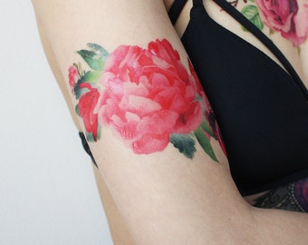 Red Watercolor Flowers - Rose Watercolor Temporary Tattoo / Floral Watercolor Temporary Tattoo / Red Flower Tattoo / Watercolor Arrangement