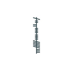 May include: A vertical, dark teal-colored Ogham symbol against a white background. The symbol is composed of a series of short, perpendicular lines of varying lengths, creating a linear, abstract design. The lines are evenly spaced and arranged along a central axis.