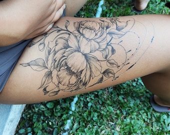 Tatuaje de muslo sexy grande - Tatuaje temporal floral / Tatuaje temporal de flores / Tatuaje floral grande / Tatuaje sexy / Tatuaje de festival / Peonías