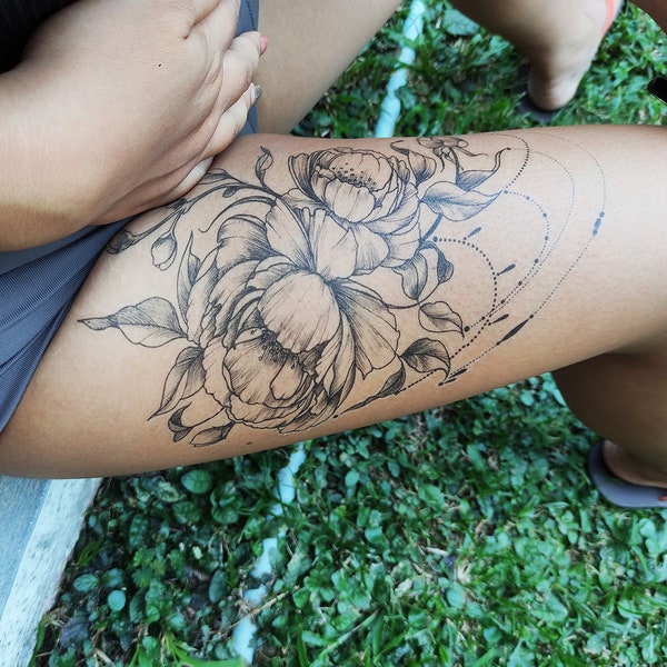 Large Sexy Thigh Tattoo - Floral Temporary Tattoo / Flower Temporary Tattoo / Large Floral Tattoo / Sexy Tattoo / Festival Tattoo / Peonies