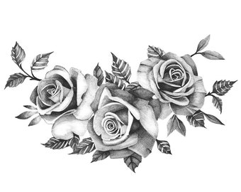 Three Beautiful Roses - Temporary Tattoo / Realistic Roses Tattoo / Black Roses / Three Roses / Large Roses Tattoo / Flower Temporary Tattoo