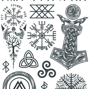 Viking Tattoo Set 2 - Norse Tattoos / Viking Temporary Tattoo Set / Mjölnir Tattoo / Aegishjalmur / Helm Of Awe Tattoo / Ouroboros Tattoo