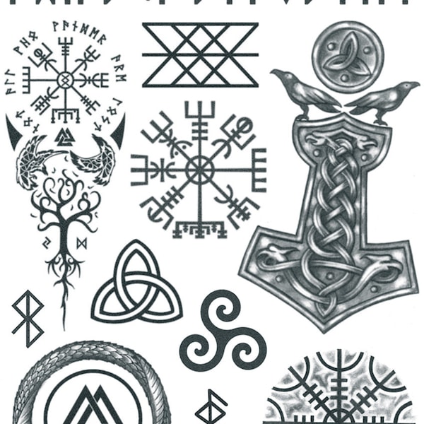 Viking Tattoo Set 2 - Tatouages nordiques / Viking Temporary Tattoo Set / Mjölnir Tattoo / Aegishjalmur / Helm Of Awe Tattoo / Ouroboros Tattoo