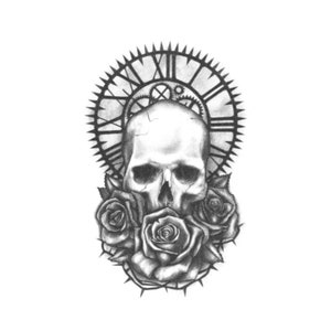May include: A black and white tattoo design featuring a skull with a clock face behind it and three roses in front of the skull.