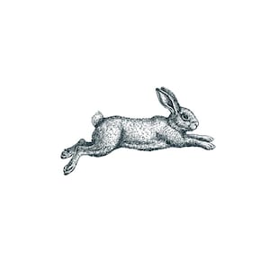May include: A detailed black and white illustration of a running rabbit. The rabbit is depicted in a side profile, with its ears perked up and its legs extended in mid-leap. The artwork has a vintage, engraved style.
