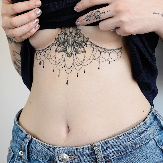Lotus Flower Underboob Temporary Tattoo / Lotus Sternum Tattoo