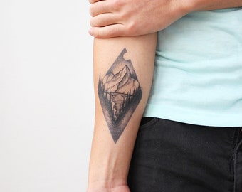 Mountain Lake - Temporary Tattoo / Mountain Temporary Tattoo / Blackwork Temporary Tattoo / Mountain Triangle /Lake Tattoo /Forearm Mountain