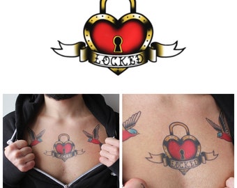 Locked Heart Vintage - Temporary Tattoo / Vintage Temporary Tattoo / Traditional Tattoo / Realistic Tattoo / Heart Tattoo / Locked Heart