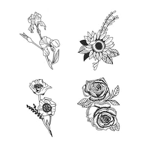 Dainty Flower Set #2 (Set of 4) - Temporary Tattoo / Flower Temporary Tattoo / Floral Temporary Tattoos / Small Tattoos / Small Flowers