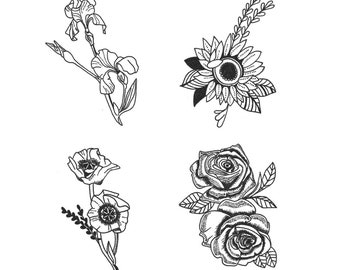 Dainty Flower Set #2 (Set of 4) - Temporary Tattoo / Flower Temporary Tattoo / Floral Temporary Tattoos / Small Tattoos / Small Flowers