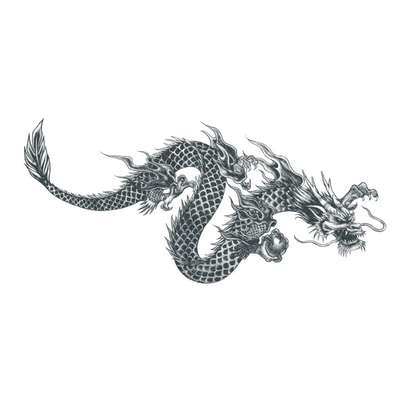 May include: Detailed black and white illustration of a Chinese dragon. The dragon is depicted in a dynamic pose, with its body curving and its claws extended. The dragon has a detailed scale pattern and fiery accents.