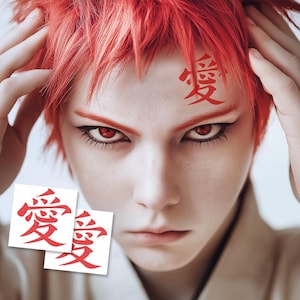 Love Kanji Symbol (2er Set) - Anime Tattoo / Cosplay temporäres Tattoo / Liebesbrief Japanisch / Love Kanji Zeichen Rot / Halloween