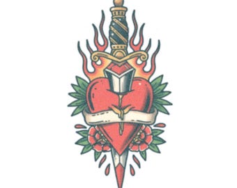 Burning Heart Dagger Tattoo - Vintage Dagger Temporary Tattoo / Traditional Old School Temporary Tattoo / Burning Heart Trad Tattoo