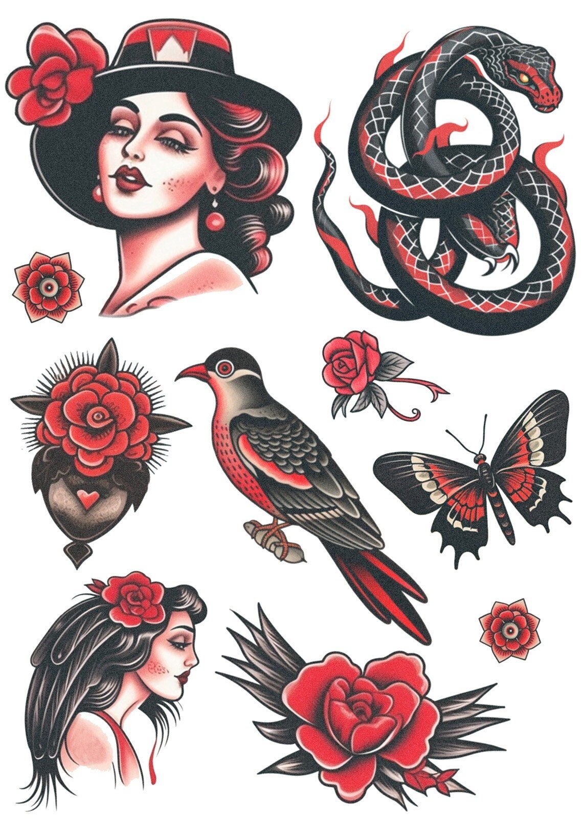 Traditional Vintage Tattoo Set Temporary Tattoos / Red and - Etsy Ireland