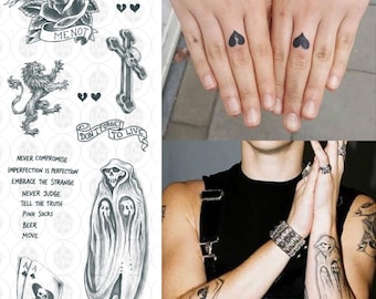 Dominic Harrison Tattoos SET - YB Temporary Tattoos Set / Singer Costume Tattoos / Hearts Finger Tattoos / Lion Tattoo / Halloween Costume