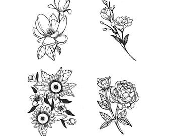 Dainty Flower Set #4 (Set of 4) - Temporary Tattoo / Flower Temporary Tattoo / Floral Temporary Tattoos / Small Tattoos / Dainty Tattoos