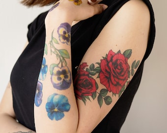 Large Vintage Red Roses - Temporary Tattoo / Red Roses Temporary Tattoo / Flower Tattoo / Large Roses Tattoo / Red Rose Tattoo / Realistic