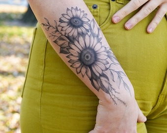 Sunflower Tattoo - Flower Temporary Tattoo / Woman Temporary Tattoo / Floral Tattoo / Sunflower Temporary Tattoo / Sunflower / Helianthus