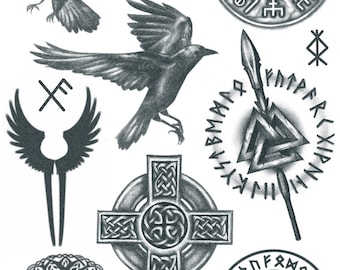 Set di tatuaggi vichinghi 1 - tatuaggi vichinghi / tatuaggio temporaneo vichingo / tatuaggio norreno / tatuaggio Gungnir / Huginn e Muninn / Valkyrie / mitologia