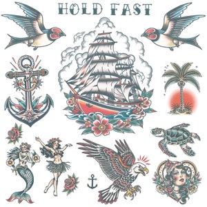 Sailor Vintage Tattoo Set - Temporary Tattoo / Sailor Temporary Tattoo Set / Old School Traditional Sailor Temporary Tattoos / Rigged Ship