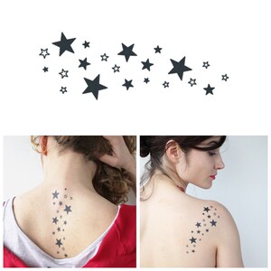 May include: Two images showing a temporary tattoo of a constellation of stars on a person's shoulder and neck. The tattoo is black and features a variety of star sizes.