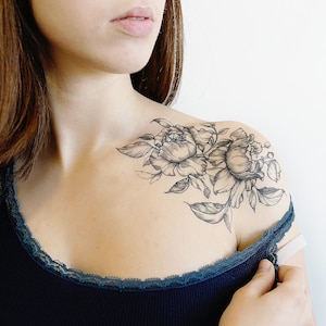 Delicate Flowers - Large Floral Temporary Tattoo / Flower Sleeve Tattoo / Peony Tattoo / Rose Tattoo / Realistic Tattoo / Feminine Tattoo