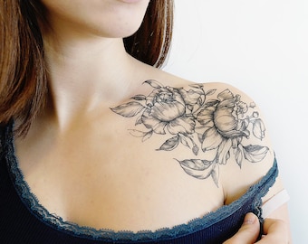 Delicate Flowers - Large Floral Temporary Tattoo / Flower Sleeve Tattoo / Peony Tattoo / Rose Tattoo / Realistic Tattoo / Feminine Tattoo