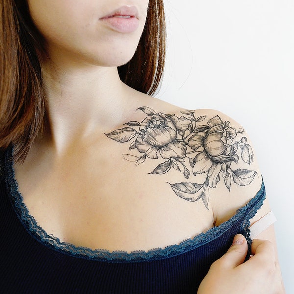 Fleurs délicates - Grand tatouage floral temporaire / Tatouage de manche de fleur / Tatouage de pivoine / Tatouage de rose / Tatouage réaliste / Tatouage féminin