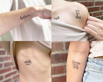 Zestaw inspirujących tatuaży (zestaw 16 sztuk) – zestaw inspirujących tymczasowych tatuaży / Tatuaż „Bądź odważny” / Tatuaż „Uwierz” / Tatuaż „Nieustraszony” / „Stay Strong”