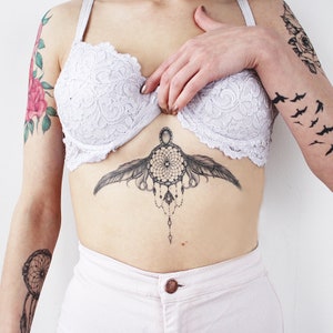 Dreamcatcher Underboob Tattoo - Boho Sternum Tattoo / Boho Underboob Temporary Tattoo / Dreamcatcher Underboob Temporary Tattoo / Feathers