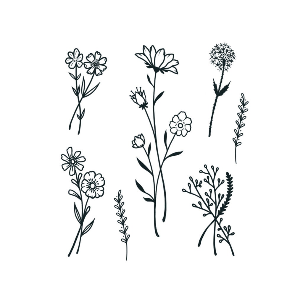 Blossom Flower Set - Little Flowers Temporary Tattoos / Spring Flower Tattoos / Dainty Floral Tattoos / Small Floral Tattoos / Linework