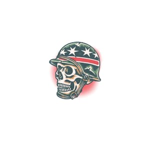 May include: A white skull wearing a green military helmet with red and white stripes and white stars. The helmet is set against a red background.