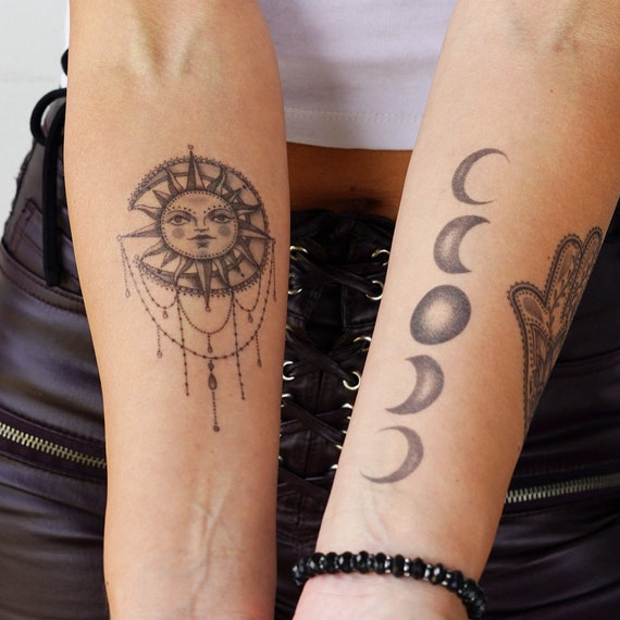 Sun Moon Tattoo Sun Temporary Tattoo Mandala Sun Tattoo Etsy