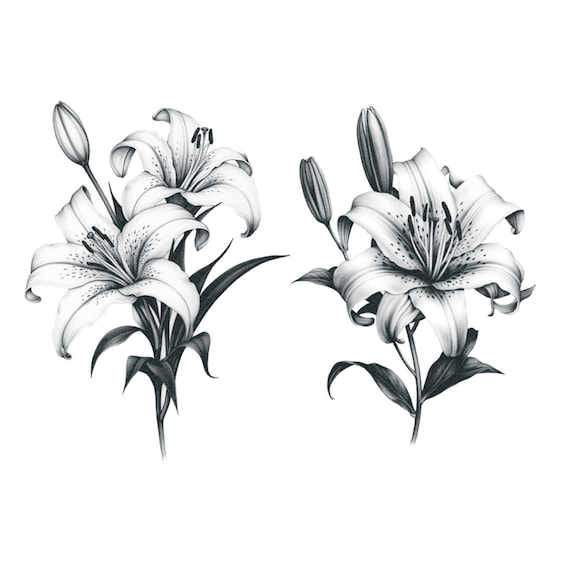 Witte lelies (set van 2) - witte lelie tijdelijke tattoo / realistische  lelies tijdelijke tattoo / hoog contrast lelie tattoo / delicate bloemen, حجم الصورة 570x570