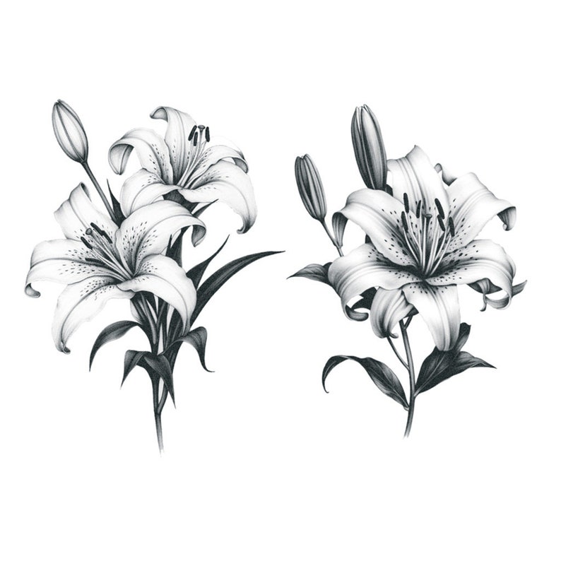 Weiße Lilien 2er Set Weiße Lilie temporäres Tattoo / realistische Lilien temporäres Tattoo / kontrastreiches Lilien Tattoo / zarte Blumen Bild 1