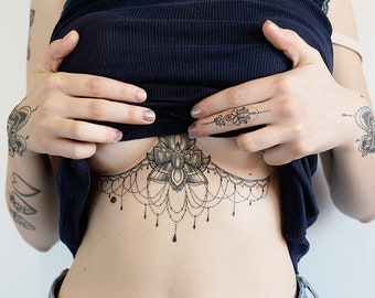 Lotus Flower Underboob - Temporary Tattoo / Lotus Sternum Tattoo / Lotus Underboob Tattoo / Geometric Sternum Tattoo / Flower Underboob