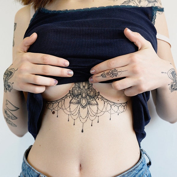 Lotus Flower Underboob - Temporary Tattoo / Lotus Sternum Tattoo / Lotus Underboob Tattoo / Geometric Sternum Tattoo / Flower Underboob