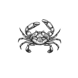 May include: A black and white line drawing of a crab with its claws raised.
