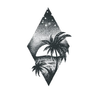 Puede incluir: Ilustración en blanco y negro de dos palmeras con una puesta de sol en el fondo. La ilustración tiene forma de diamante y tiene un efecto punteado.