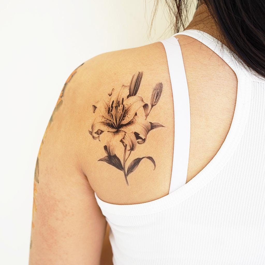 Witte lelies (set van 2) - witte lelie tijdelijke tattoo / realistische  lelies tijdelijke tattoo / hoog contrast lelie tattoo / delicate bloemen, حجم الصورة 1024x1024