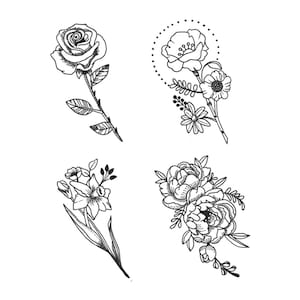 Dainty Flower Set (Set of 4) - Temporary Tattoos / Temporary Tattoo Flower / Floral Tattoos / Dainty Temporary Tattoos / Small Flower Tattoo