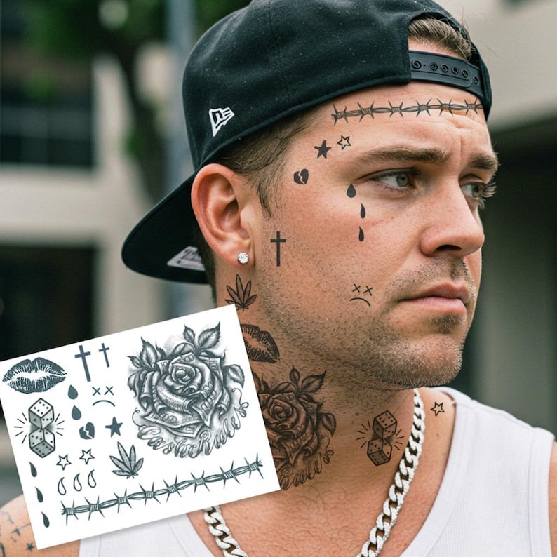 Thug Tattoo Face Set - Thug Temporary Tattoo Set / Gangbanger Face Tattoos / Criminal Face Tattoos / Rapper Face Tattoos / Hood Tattoos image 1