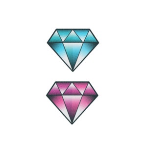 May include: Two diamond shapes, one blue and one pink, with a gradient effect. The diamonds are outlined in black.