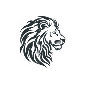 Pode incluir: Ilustração de arte de linha em preto e branco de uma cabeça de leão com uma juba. O leão está olhando para a direita e tem uma expressão séria.
