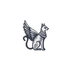 May include: A black and white illustration of a winged cat with a collar. The cat is sitting with its wings spread out behind it.