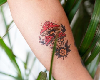 Magic Mushroom Tattoo - Mushrooms Temporary Tattoo / Red Mushrooms Temporary Tattoo / Magical Mushroom Temporary Tattoo / Psychodelic Shroom