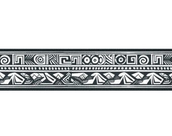 May include: Black and white geometric border pattern with repeating shapes and designs. The pattern includes circles, squares, and triangles.