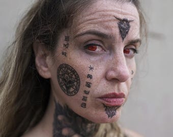 Demon Warlock Tattoo Set - Halloween Costume Demon Temporary Tattoos / Witch Temporary Tattoos / Skulls Tattoos / Hell Tattoos / Pentagram