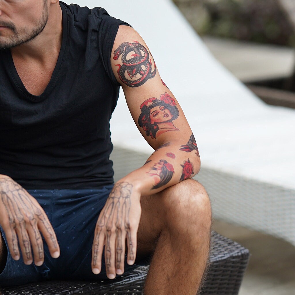 Neo Traditional Red & Black Set - Temporary Tattoos / Red and Black Vintage Tattoo Set / Traditional Temporary Tattoos / Red Black Tattoos